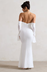 Cream Draped Flared-Sleeve Fishtail Maxi Dress